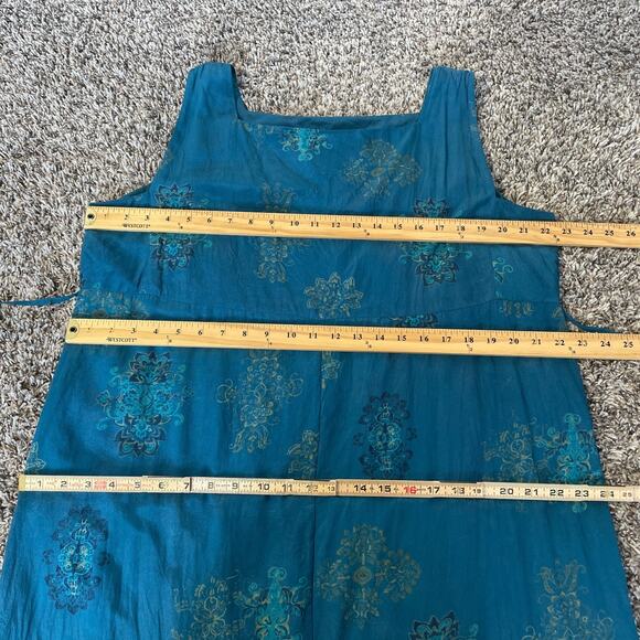 Boho Maxi Dress Plus Size 1X Blue Brocade Print Pure Silk Sleeveless Hippie Vtg - Picture 13 of 16